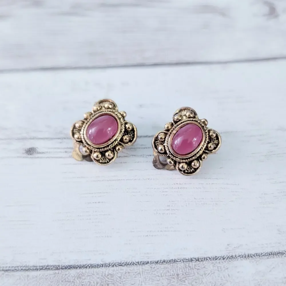 Vintage Clip On Earrings Antique Gold Tone Halo with Dark Pink Center